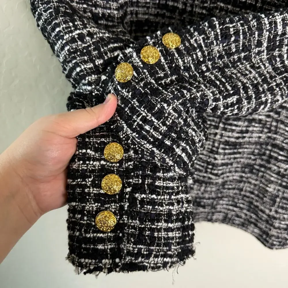 Zara Black Double Breasted Textured Tweed Blazer Small